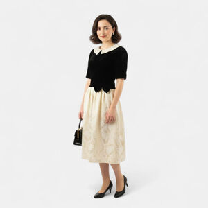 Lanz Originals Vintage Black Velvet & Cream Jacquard Midi Dress - Size 8